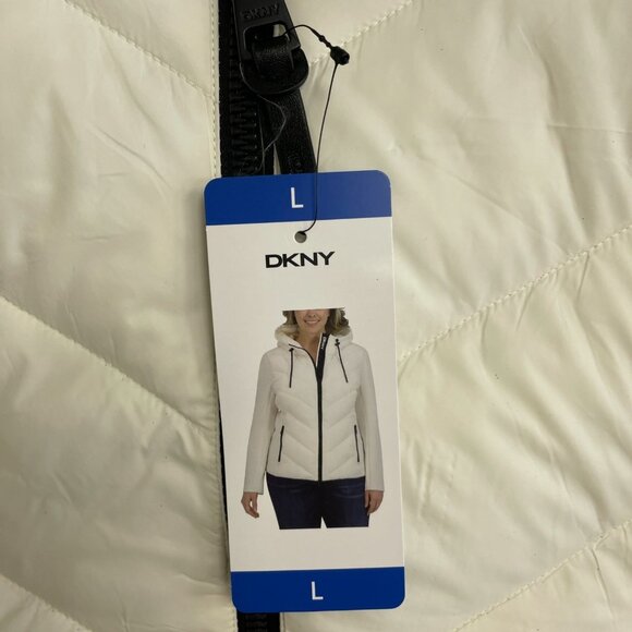 DKNY Women's L Hooded Quilted Jacket With Black Zipper Pockets Ivory i1712 - Picture 8 of 10